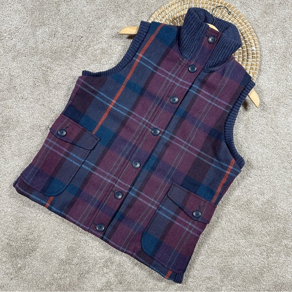 Woolrich Women’s Wool Blend Plaid Vest Full Button Academia in Purple Navy L - Picture 1 of 12